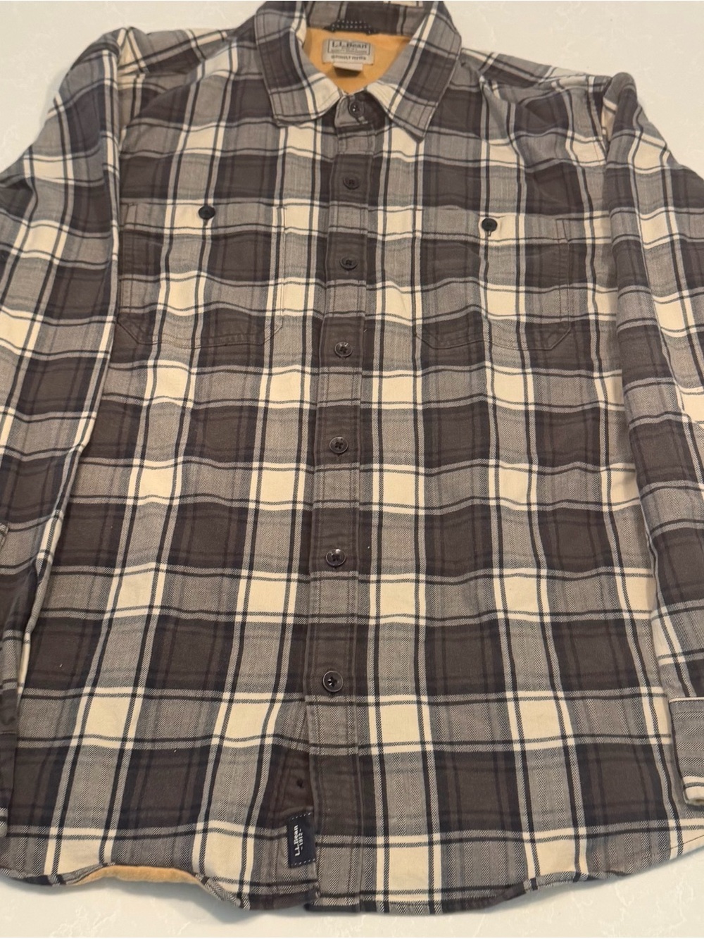 L.L. Bean Men's Brown and Cream Plaid Button-Down Shirt